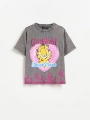 Bawełniany t-shirt Garfield - ciemnoszary. Szare koszulki dziewczęce Reserved, bez wzorów, z bawełny, bez ramiączek. Za 49.99 zł.