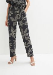 Spodnie z gumką w talii z wiązanym paskiem. Czarne spodnie materiałowe damskie bonprix, bez wzorów. Za 139.99 zł.