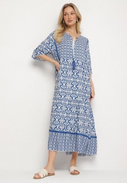 Jasnoniebieska Bawełniana Sukienka w Stylu Boho z Wiązaniem Przy Dekolcie Orradelle. Niebieskie sukienki damskie Born2be, na co dzień, na lato, l, bez wzorów, z bawełny, boho, bez kołnierzyka, bez ramiączek, proste. Za 79.99 zł.