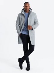 Monochromatyczny długi męski płaszcz z kapturem – szary melanż V1 OM-COWC-22FW-005 - XXL. Szare płaszcze męskie Ombre Clothing, l, bez wzorów, z materiału, eleganckie. Za 329.99 zł.