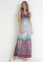 Bordowo-Niebieska Rozkloszowana Sukienka Maxi z Cienkimi Gumkami w Pasie i Kopertowym Dekoltem Clothilda. Niebieskie sukienki damskie Born2be, na lato, l, bez wzorów, bez kołnierzyka, bez ramiączek, maxi, kopertowe. W wyprzedaży za 71.99 zł.
