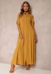 Żółta Sukienka Hillcrest. Żółte sukienki damskie Renee, s, bez wzorów, bez kołnierzyka, bez ramiączek, maxi, koszulowe. Za 54.99 zł.