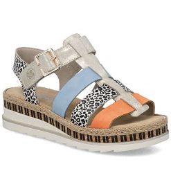 Skórzane sandały damskie na koturnie Rieker V7904-90. Sandały damskie Rieker, bez wzorów, ze skóry ekologicznej, bez obcasa, na koturnie. Za 349.00 zł.