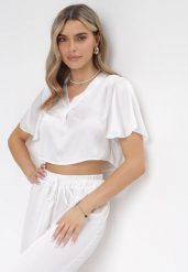Biała Bluzka o Koszulowym Fasonie z Krótkimi Rękawami Movois. Białe bluzki damskie Born2be, bez wzorów, bez kołnierzyka, bez ramiączek. Za 39.99 zł.