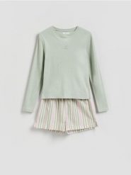 Dwuczęściowa piżama z nadrukiem - jasnozielony. Zielone piżamy damskie Reserved, l, bez wzorów, z bawełny, bez ramiączek. Za 109.99 zł.