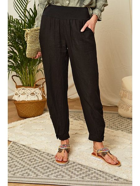 Lin Passion Lniane spodnie w kolorze czarnym rozmiar: 40/42. Czarne spodnie materiałowe damskie Lin Passion, bez wzorów, ze lnu, klasyczne, z podwyższonym stanem. Za 144.24 zł.