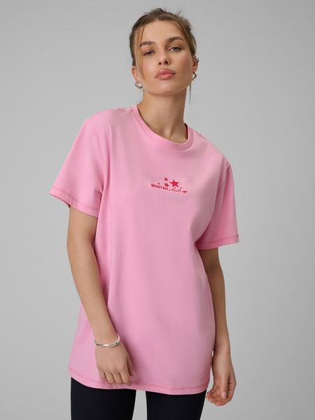 4F T-shirt oversize z nadrukiem damski - różowy M. Czerwone t-shirty damskie 4f, m, bez wzorów, z dzianiny, bez kołnierzyka. Za 79.99 zł.