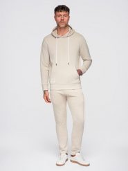 Komplet dresowy męski set bluza z kapturem + spodnie regular fit - beżowy V1. Brązowe bluzy z kapturem męskie Ombre Clothing, m, z bawełny. Za 339.99 zł.