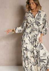 Beżowo-Czarna Rozkloszowana Sukienka Koszulowa z Lnu i Wiskozy z Roślinnym Printem Redeva. Czarne sukienki damskie Renee, na co dzień, m, bez wzorów, z wiskozy, eleganckie, bez kołnierzyka, bez ramiączek, maxi, koszulowe. W wyprzedaży za 97.99 zł.