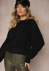 Czarny Sweter z Wiskozą i Splotem w Stylu Warkocz z Półgolfem Sinithia. Czarne swetry klasyczne damskie Renee, na zimę, z wiskozy, bez kołnierzyka. Za 99.99 zł.