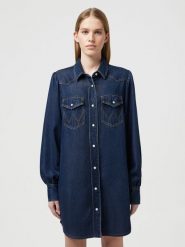 WRANGLER DAMSKA SUKIENKA JEANSOWA WRANGLER BALLOONSLEEVE SHIRT DRESS RINSE 112350339. Sukienki damskie Wrangler, xs, bez wzorów, z jeansu, bez kołnierzyka, bez ramiączek. Za 189.99 zł.
