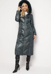 Ciemnozielona Pikowana Kurtka Maxi Płaszcz z Ozdobnym Marszczeniem i Futerkiem Estenous. Niebieskie kurtki damskie Born2be, l, bez wzorów, z futra, eleganckie. Za 239.99 zł.