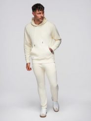 Komplet dresowy męski set bluza z kapturem + spodnie regular fit - kremowy V11 - Rozmiar: M. Białe bluzy sportowe męskie Ombre Clothing, z bawełny. Za 339.99 zł.