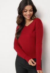 Bordowy Sweter z Bawełną i Dekoltem w Serek Etarevia. Czerwone swetry klasyczne damskie Born2be, z bawełny, bez kołnierzyka. Za 34.99 zł.