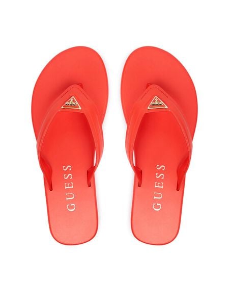 Guess Japonki FLJCNY ELE24 Czerwony. Czerwone klapki damskie Guess, z aplikacjami, ze skóry, bez obcasa. Za 289.99 zł.