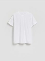 Gładki t-shirt regular fit - biały. Białe t-shirty męskie Reserved, l, bez wzorów, z bawełny, bez kołnierzyka. Za 79.99 zł.