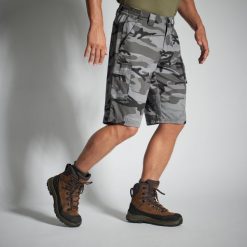 Bermudy outdoor Solognac 500 camo woodland. Szare szorty męskie SOLOGNAC, bez wzorów, z bawełny, sportowe. Za 79.99 zł.