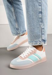 Biało-Niebieskie Sneakersy Tenisówki z Geometrycznym Wzorem Eleamila. Białe trampki i tenisówki damskie Born2be, z aplikacjami, z jeansu. Za 89.99 zł.