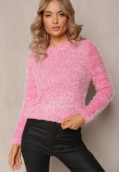 Różowy Sweter z Puchatego Gładkiej Materiału z Okrągłym Dekoltem i Długim Rękawem Klarrilo. Czerwone swetry klasyczne damskie Renee, na jesień, z elastanu, bez kołnierzyka. Za 64.99 zł.