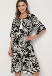 Czarna Sukienka o Pudełkowym Kroju z Wiązaniem przy Dekolcie w Roślinny Wzór Mirionela. Czarne sukienki damskie Born2be, na imprezę, l, bez wzorów, eleganckie, bez kołnierzyka, bez ramiączek, midi. W wyprzedaży za 59.99 zł.