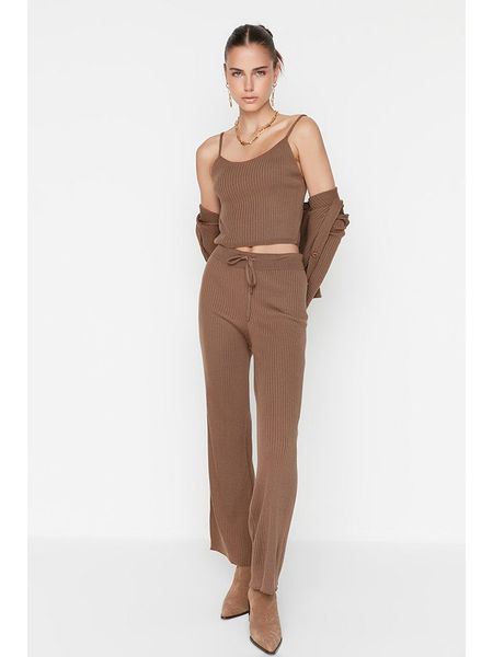 Trendyol 3-częściowy zestaw w kolorze jasnobrązowym rozmiar: L. Brązowe kardigany damskie Trendyol, l, bez wzorów, prążkowane. Za 86.99 zł.