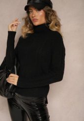 Czarny Casualowy Golf z Wiskozą i Ozdobnym Splotem Aledi. Czarne golfy damskie Renee, l, bez wzorów, z dzianiny, bez ramiączek. Za 99.99 zł.