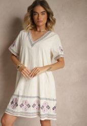 Fioletowa Pudełkowa Sukienka z Bawełny w Hafty w Stylu Boho Felkio. Fioletowe sukienki damskie Renee, na co dzień, l, bez wzorów, z bawełny, boho, bez kołnierzyka, bez ramiączek, mini, proste. Za 129.99 zł.