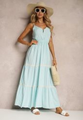Jasnoniebieska Sukienka Zapinana na Guziki na Ramiączkach z Gumką w Talii i Falbanką Tiamalia. Niebieskie sukienki damskie Renee, na imprezę, l, bez wzorów, eleganckie, bez kołnierzyka, bez ramiączek, maxi. W wyprzedaży za 38.49 zł.