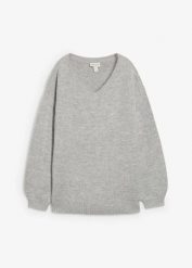 Sweter z dekoltem w serek. Niebieskie swetry klasyczne damskie bonprix, bez kołnierzyka. Za 97.99 zł.