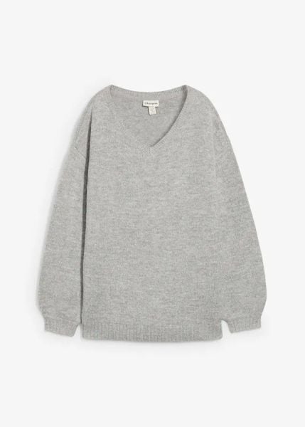 Sweter z dekoltem w serek. Niebieskie swetry klasyczne damskie bonprix, bez kołnierzyka. Za 94.99 zł.