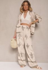Beżowy Wiskozowy Komplet Boho Koszula i Spodnie z Haftowanym Zdobieniem Helhiris. Brązowe koszule damskie Renee, z aplikacjami, z wiskozy, boho. Za 129.99 zł.