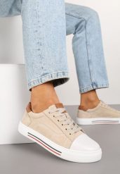 Beżowe Płaskie Trampki ze Skóry Naturalnej ze Skórzaną Wkładką i Ozdobnym Noskiem Milili. Brązowe trampki i tenisówki damskie Renee, bez wzorów, z jeansu. Za 79.99 zł.