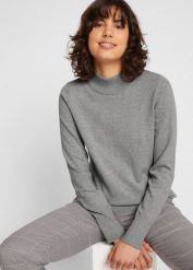 Sweter basic ze stójką, z bawełny z recyklingu. Szare golfy damskie bonprix, bez wzorów, z bawełny, bez ramiączek. Za 64.99 zł.