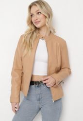 Beżowa Kurtka Ramoneska z Imitacji Skóry Etina. Brązowe kurtki damskie Born2be, l, bez wzorów, ze skóry, bez kaptura. Za 84.99 zł.