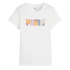 Koszulka damska PUMA ESS+ Graphic Tee. Białe topy sportowe damskie Puma, xs, bez wzorów, z bawełny, bez ramiączek. Za 68.99 zł.