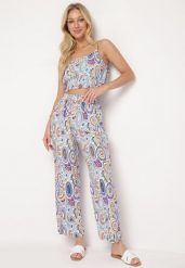 Niebieski Boho Komplet z Wiskozy Top na Ramiączkach z Gumką Szerokie Spodnie Palazzo Lereri. Niebieskie spodnie materiałowe damskie Born2be, bez wzorów, ze skóry, boho. Za 79.99 zł.