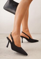 Czarne Szpilki VICES z Imitacji Zamszu z Odkrytą Piętą i Podłużną Klamrą Natterea. Czarne szpilki Born2be, bez wzorów, z jeansu, bez obcasa. Za 79.99 zł.