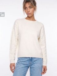 Sweter z ażurowymi rękawami, z domieszką wełny - kremowy. Białe swetry klasyczne damskie Sinsay, l, z wełny, bez kołnierzyka. Za 49.99 zł.