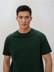 Bawełniany t-shirt boxy - ciemnozielony. Zielone t-shirty męskie Reserved, l, bez wzorów, z bawełny, bez kołnierzyka. Za 79.99 zł.