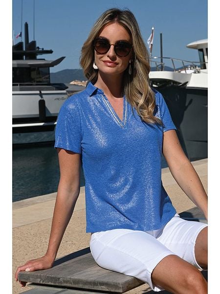 Bleu d'Azur Koszulka "Robin" w kolorze niebieskim rozmiar: 44. Niebieskie bluzki damskie Bleu d'Azur, w ażurowe wzory, klasyczne, bez kołnierzyka, bez ramiączek. Za 126.75 zł.