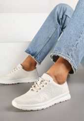 Beżowe Skórzane Buty Sportowe na Płaskiej Podeszwie ze Skórzaną Wkładką Ozdobione Perforacją Falali. Brązowe buty sportowe na co dzień damskie Renee, z aplikacjami, z jeansu. Za 159.99 zł.