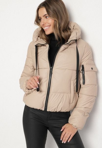 Beżowa Pikowana Kurtka Puffer z Kapturem i Ozdobnymi Taśmami Relania. Żółte kurtki damskie Born2be, l, bez wzorów, z dzianiny, z kapturem. Za 109.99 zł.