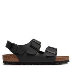 Sandały Birkenstock. Czarne sandały damskie Birkenstock, bez wzorów, bez obcasa, na płaskiej podeszwie. Za 429.99 zł.