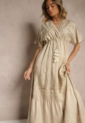 Beżowa Wiskozowa Sukienka Kopertowym Dekoltem i Frędzlami Redevie. Brązowe sukienki damskie Renee, na spotkanie biznesowe, na lato, m, bez wzorów, z wiskozy, eleganckie, bez kołnierzyka, bez ramiączek, maxi, kopertowe. W wyprzedaży za 83.99 zł.