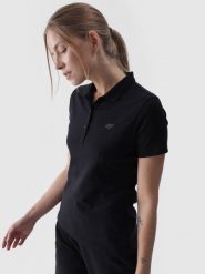 4F Koszulka polo slim damska - czarna S. Czarne bluzki damskie 4f, s, bez wzorów, z bawełny, klasyczne, bez kołnierzyka, bez ramiączek. Za 89.99 zł.