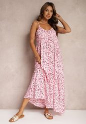 Czerwona Kwiatowa Sukienka z Bawełny na Ramiączkach z Regulacją Resvia. Czerwone sukienki damskie Renee, na spotkanie biznesowe, l, bez wzorów, z bawełny, eleganckie, bez kołnierzyka, bez ramiączek, maxi, dopasowane. W wyprzedaży za 34.99 zł.