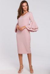 Sukienka na wesele elegancka midi z bufiastymi rękawami pudrowy róż. Czerwone sukienki damskie Makover, na wesele, l, bez wzorów, eleganckie, bez kołnierzyka, bez ramiączek, midi, dopasowane. Za 289.00 zł.