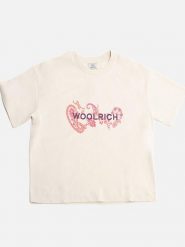 Woolrich Koszulka "Graphic" w kolorze kremowym rozmiar: S. Brązowe bluzki damskie Woolrich, s, bez wzorów, z bawełny, bez kołnierzyka, bez ramiączek. Za 114.17 zł.