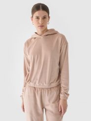 4F Bluza dresowa z weluru nierozpinana z kapturem damska - beżowa XS. Brązowe bluzy sportowe damskie 4f, xs, z dresówki. W wyprzedaży za 59.99 zł.
