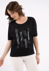Koszulka z błyszczącym printem, Comfort Fit, T-CAN. Czarne t-shirty damskie Volcano, m, bez wzorów, z bawełny, bez ramiączek. Za 69.99 zł.